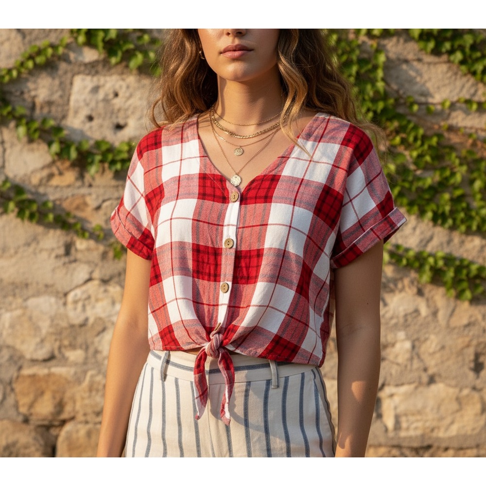 Universal‎ Thread Crop Top Tie Red Plaid SS V Neck Casual Retro Beach Size M